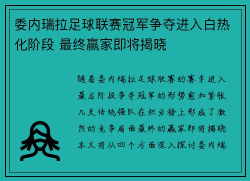 委内瑞拉足球联赛冠军争夺进入白热化阶段 最终赢家即将揭晓